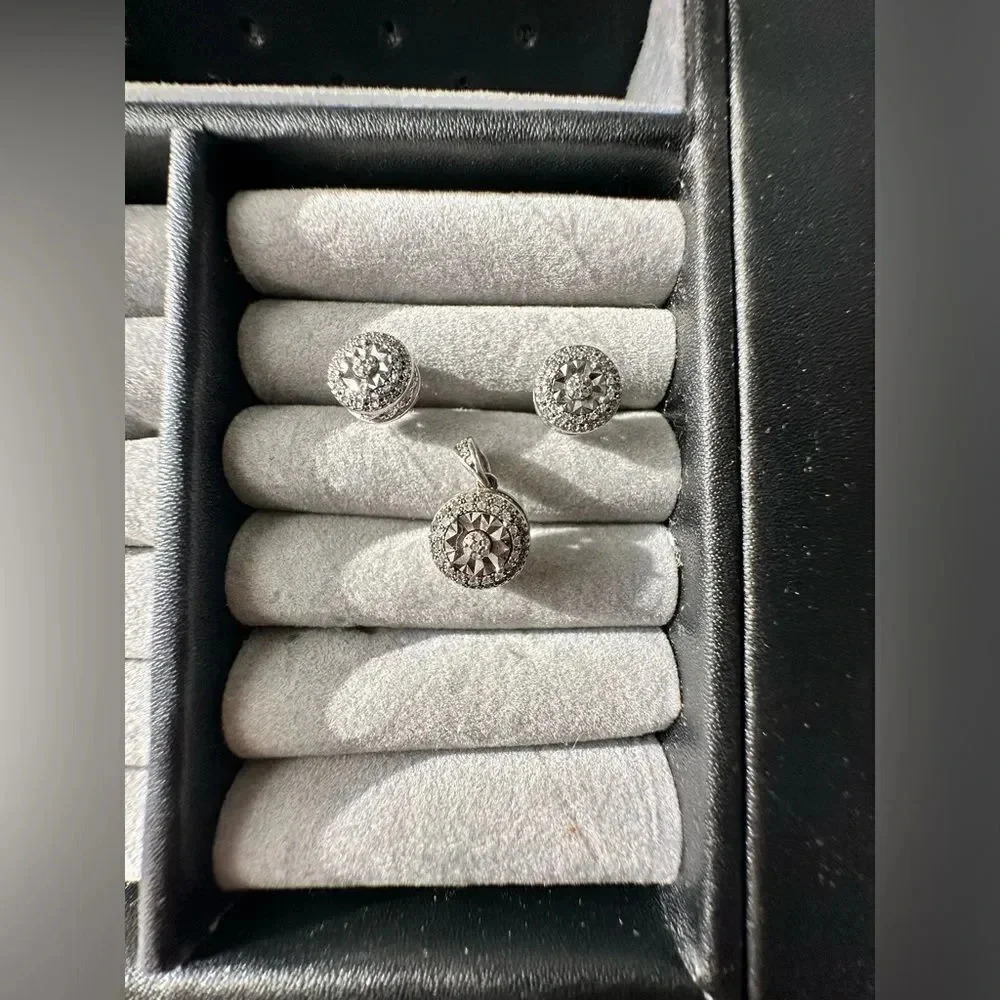 SK9 Allure Gems Platinaire Diamonds 925 Sterling Silver Round Pendant Earrings